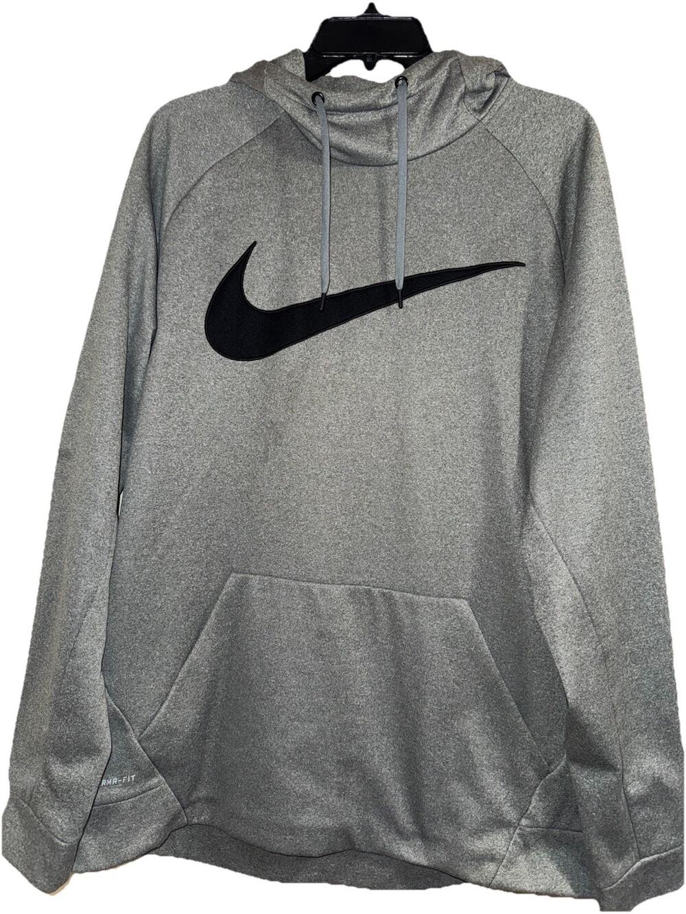Nike Therma-FIT Hoodie Men's XL Gray Pullover Sweatshirt Large Black Swoosh